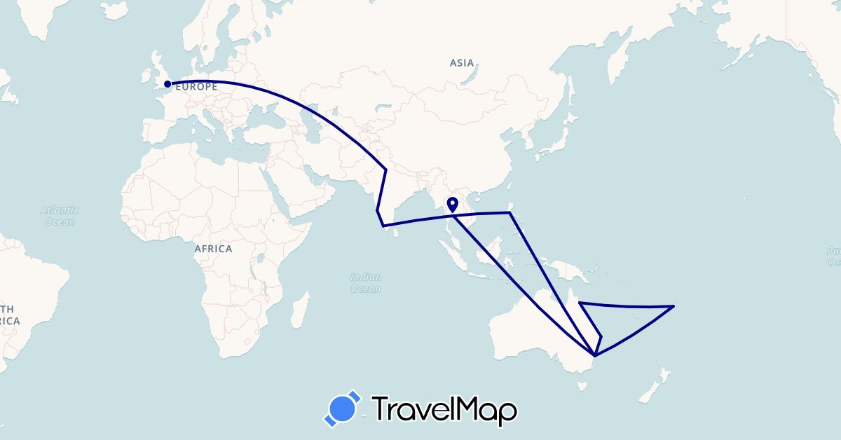 TravelMap itinerary: driving in Australia, Fiji, United Kingdom, India, Philippines, Thailand (Asia, Europe, Oceania)